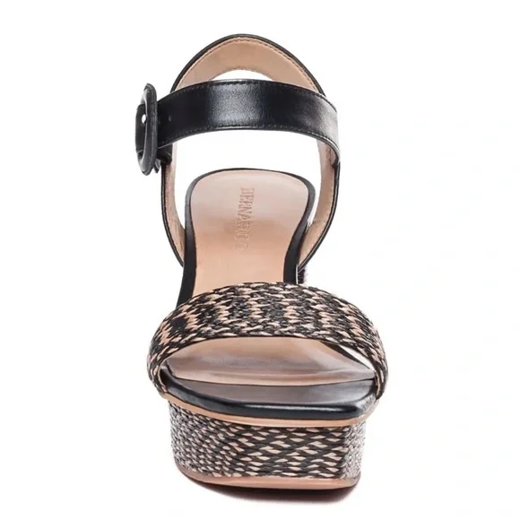 Bernardo Raffia Adjustable Platform Sandals Reagan Raffia black tan strapy heels - Picture 4 of 13
